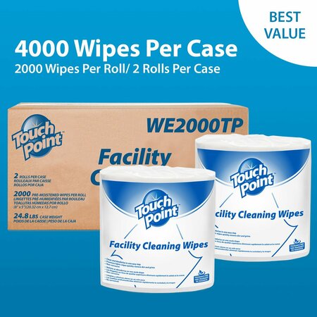 Touch Point Wipes TP Facility Cleaning Wipes- Alcohol-Free All-Purpose, 2 Rolls x 2000 Wipes, 8in.x5in., 2PK WE2000TP-CS